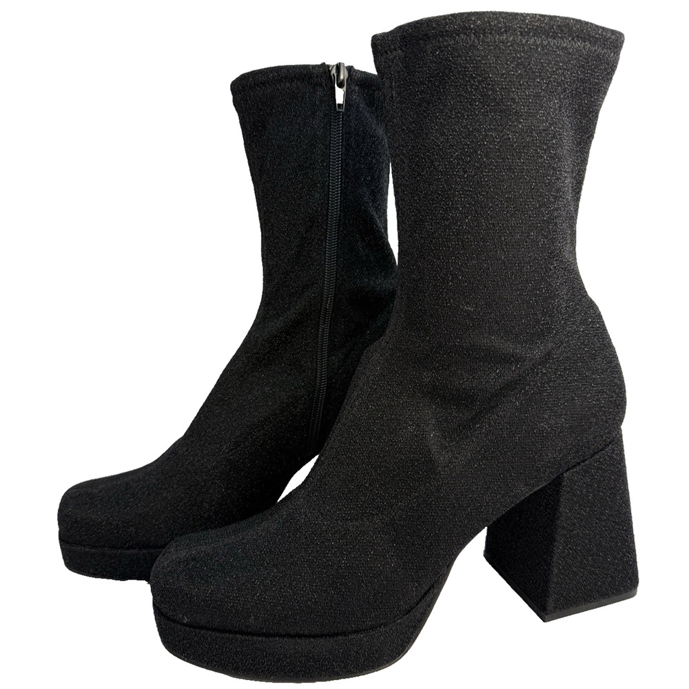Abound Womens 9 Black Sparkle Fabric Zip Ankle Boot‎ Platform Block Heel NWOB